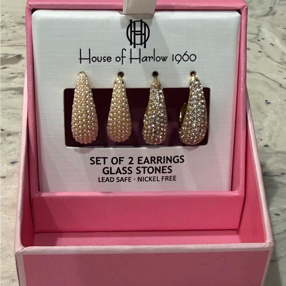 House of Harlow 1960 Gold Teardrop Crystal Glass Stone Earring Set